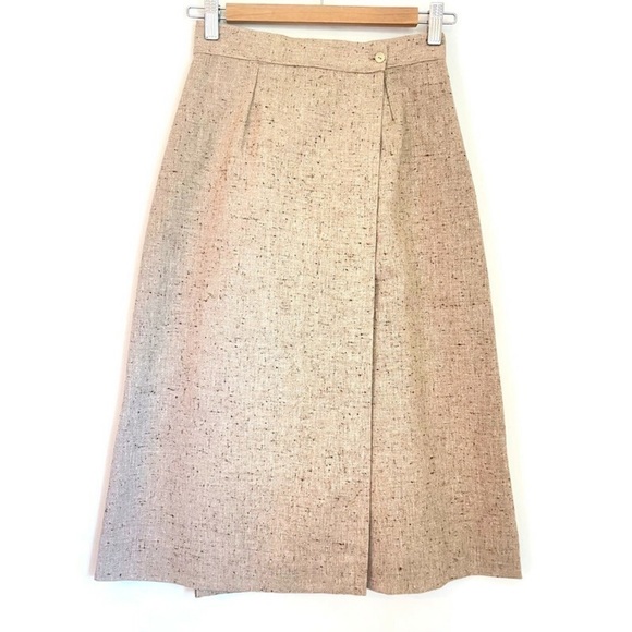 Vintage Dresses & Skirts - Handmade Vintage‎ Tan Tweed Preppy Midi Wrap Skirt - Women's Size XS